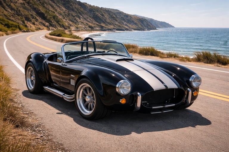 shelby cobra preto clássico estacionado em estrada litorânea