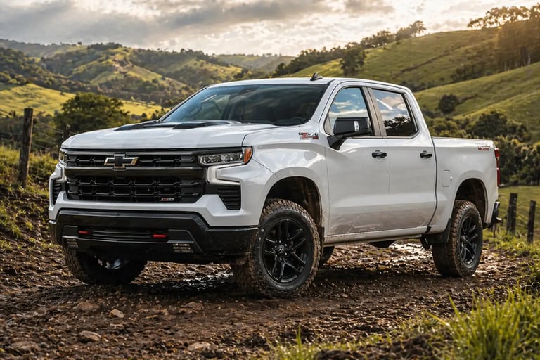 Chevrolet Silverado Trail Boss 2026 com motor V8 em estrada de terra no campo