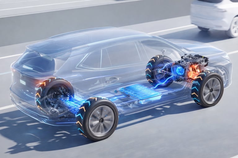 Sistema híbrido de carro mostrando bateria elétrica e motor a combustão funcionando juntos