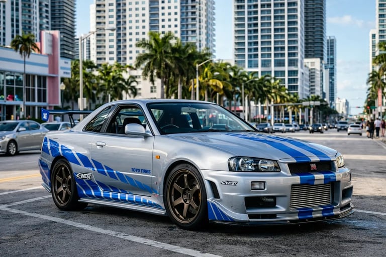 skyline do brian Nissan GT-R R34 estacionado em rua com prédios e palmeiras durante o dia
