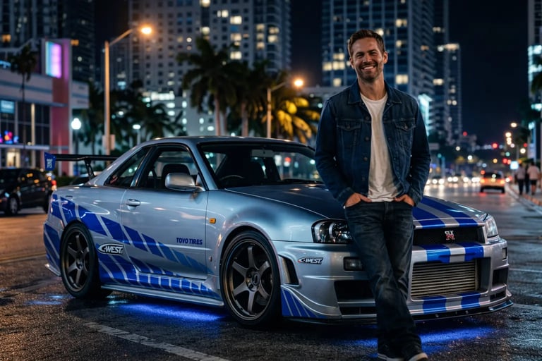 skyline do brian Nissan GT-R R34 com personagem ao lado em rua noturna iluminada