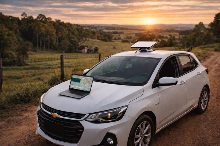 Starlink Mini no teto do carro em área rural com internet via satélite funcionando sem fios no noteb