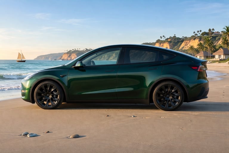 Tesla Model Y verde estacionado na praia com vista lateral completa e fundo costeiro natural