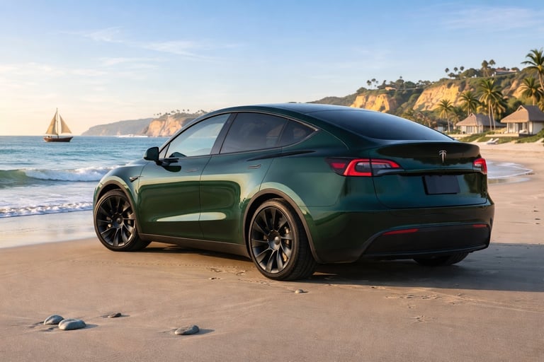 Tesla Model Y verde visto de traseira em ângulo na praia com rodas pretas