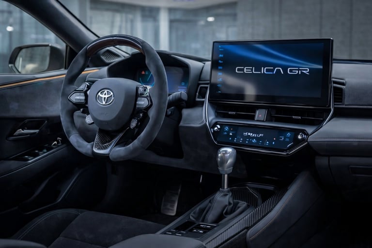 Toyota Celica 2027 interior com design tecnológico e cockpit esportivo moderno