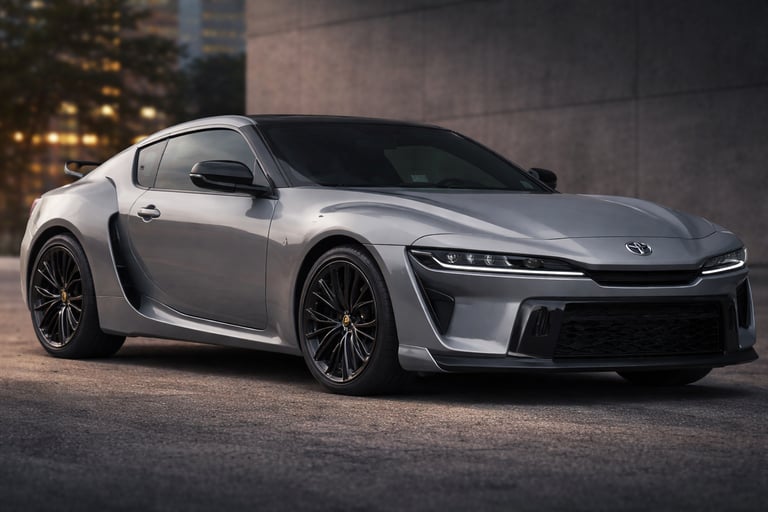 Toyota Celica 2027 em projeção não oficial na cor prata com design esportivo em ambiente urbano mode