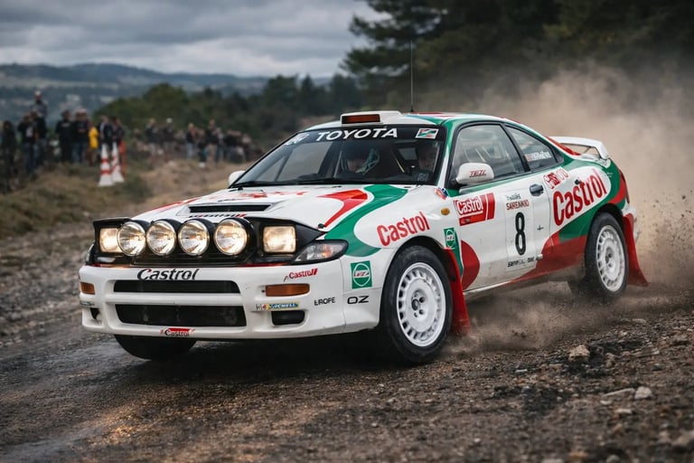 carros de rally Toyota Celica GT-Four em ação no WRC em estrada de terra com derrapagem