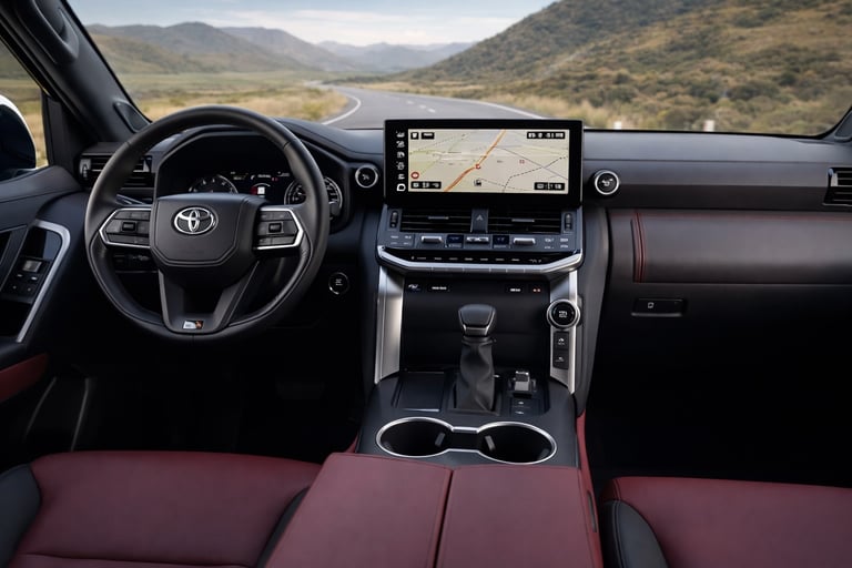 Interior do Toyota Land Cruiser 2027 com painel digital e central multimídia