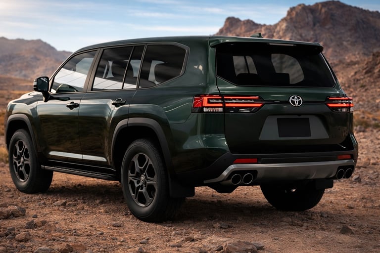 Toyota Land Cruiser 2027 híbrido visto por trás em terreno off-road