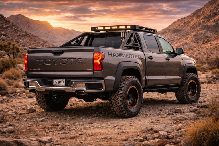 Toyota TRD Hammer traseira em ângulo lateral mostrando picape off-road extrema rival da Raptor