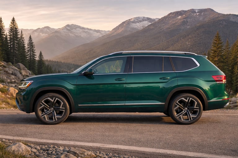 Volkswagen Atlas 2027 lateral completo em estrada de montanha com design moderno