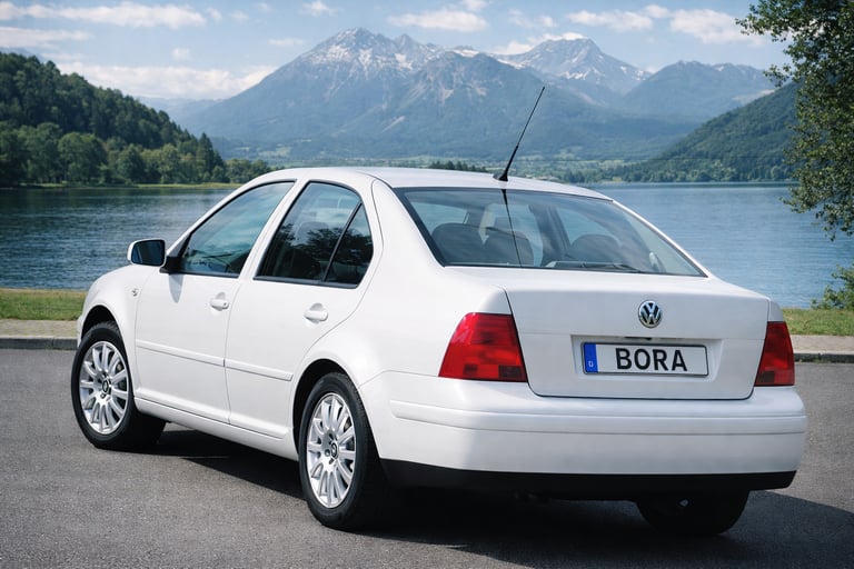 Volkswagen Bora traseira em paisagem com lago e montanhas, sedã usado confiável e valorizado