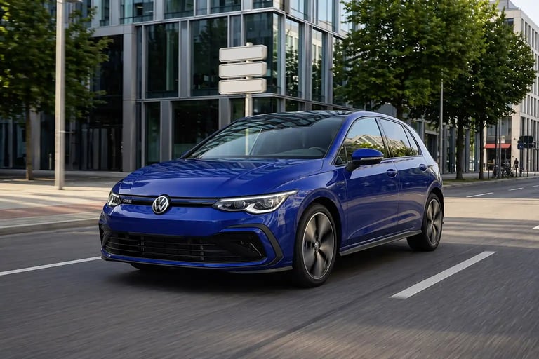 Volkswagen Golf híbrido sem tomada rodando em rua urbana com prédios modernos ao fundo