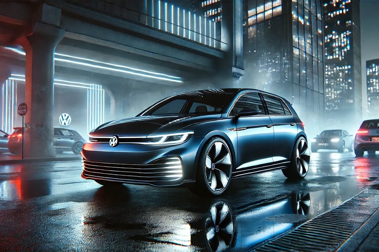Novo Volkswagen Golf Mk9 conceito com design futurista em cenário urbano noturno