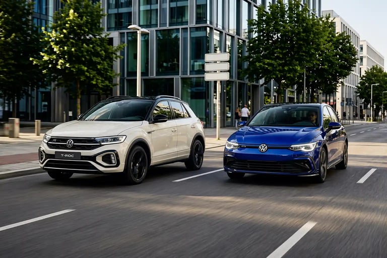 Volkswagen Golf e T-Roc híbridos sem tomada rodando juntos em avenida urbana moderna
