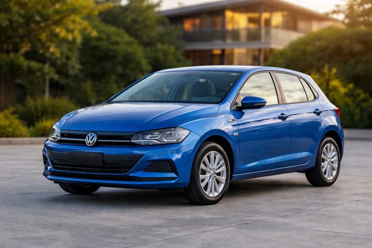 Volkswagen Polo azul 2026 estacionado em frente a casa moderna com fundo desfocado