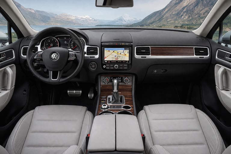 Interior do Volkswagen Touareg 2015 com painel sofisticado, multimídia e acabamento premium