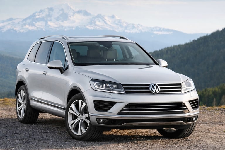 Volkswagen Touareg V6 2015 prata com motor 280 cv em cenário de montanha e alto desempenho