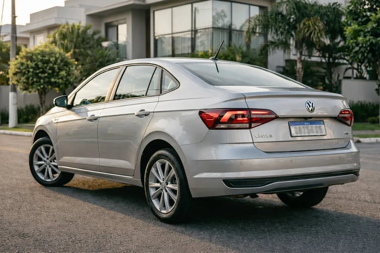 Volkswagen Virtus 2020 prata visto de traseira em rua residencial com iluminação de fim de tarde