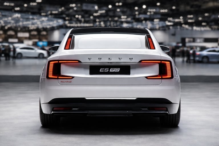 Volvo ES90 2026 elétrico branco traseira central em salão automóvel destacando design moderno
