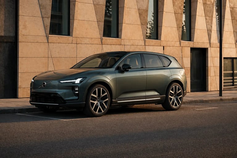 Volvo EX60 elétrico estacionado na cidade com design moderno e acabamento sofisticado