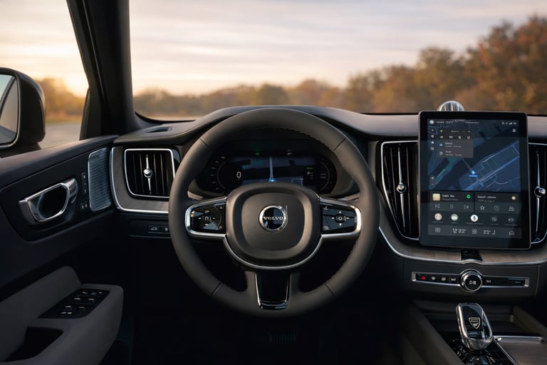 Interior do Volvo XC60 2026 híbrido com painel digital e central multimídia com Google integrado