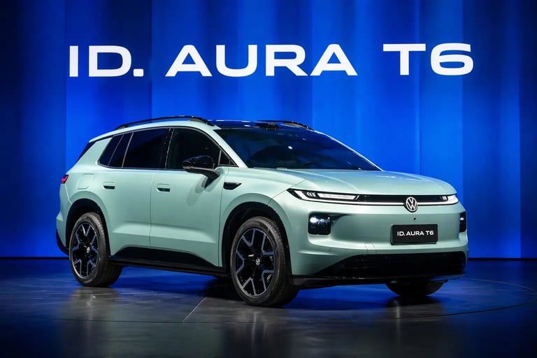 Volkswagen ID Aura T6 em apresentação oficial com fundo azul e design futurista em destaque