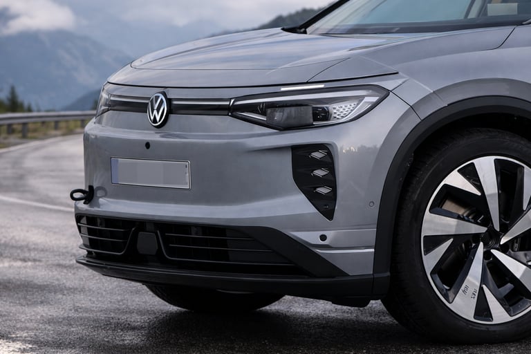Detalhe frontal do VW ID. Tiguan 2027 com faróis LED e design moderno de SUV elétrico