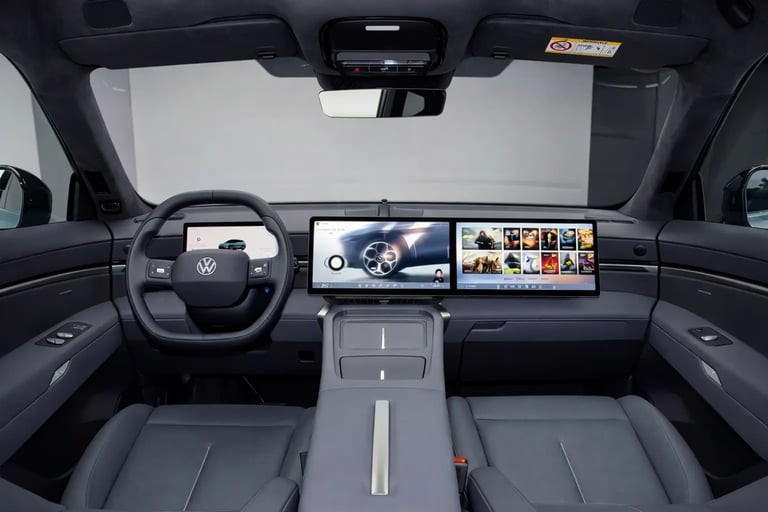 Interior Volkswagen ID Unyx 08 com telas digitais e tecnologia avancada SUV eletrico 730 km