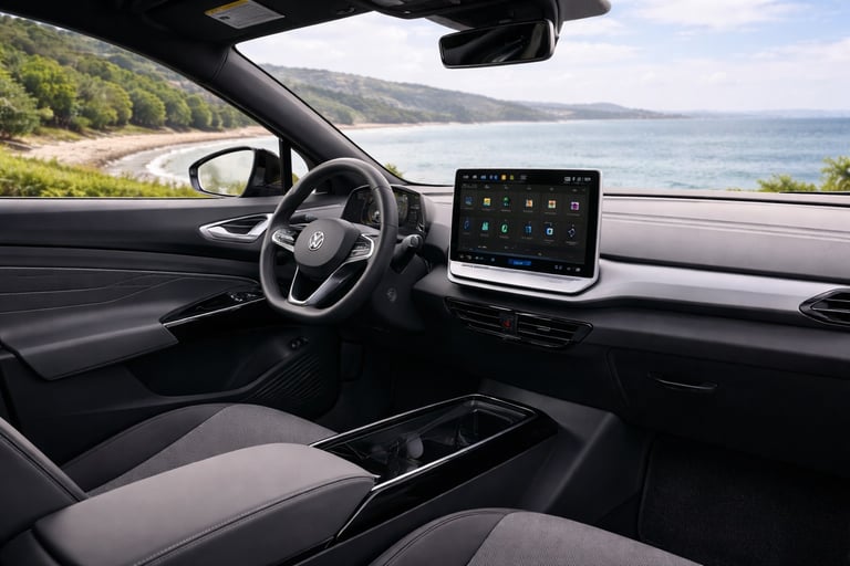 interior Volkswagen ID4 2026 painel multimidia volante e acabamento moderno