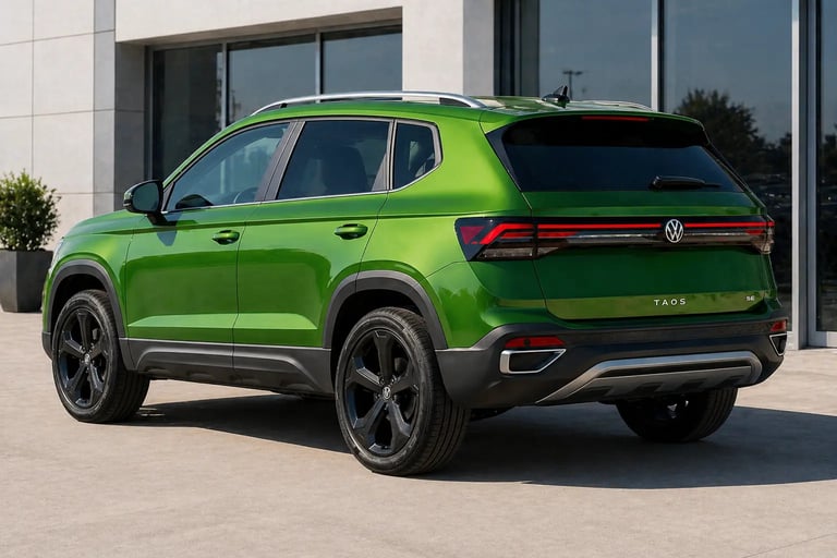 VW Taos 2025 verde traseira em frente a showroom moderno com design elegante