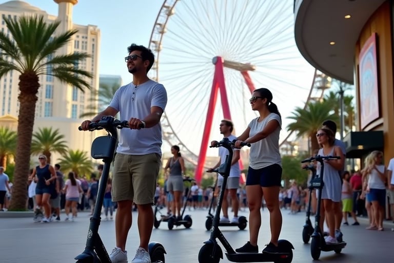 a man and woman riding scooters on a city street