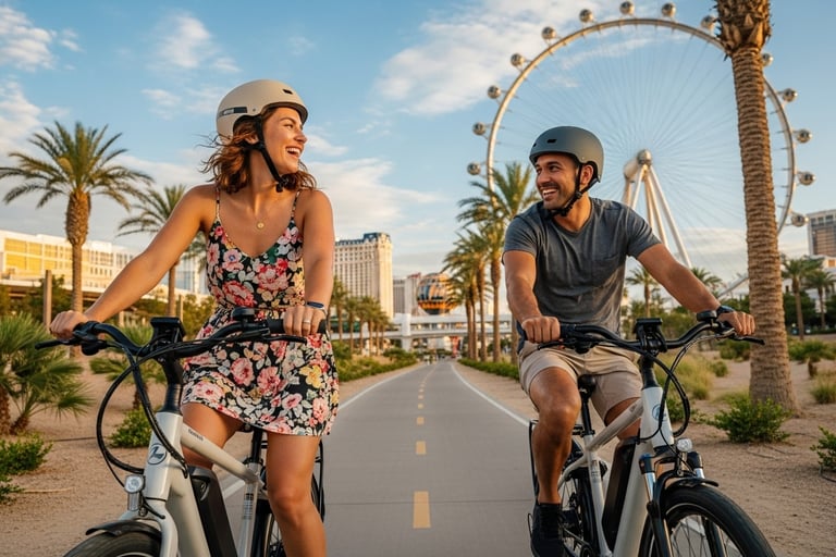 a man and woman riding bicycles in a in las vegas
