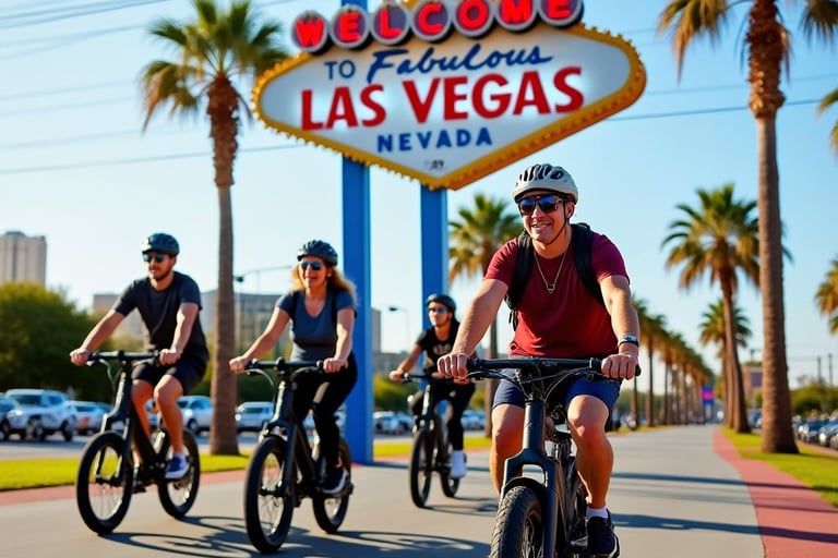 four people on a private tour at the las vegas sign
