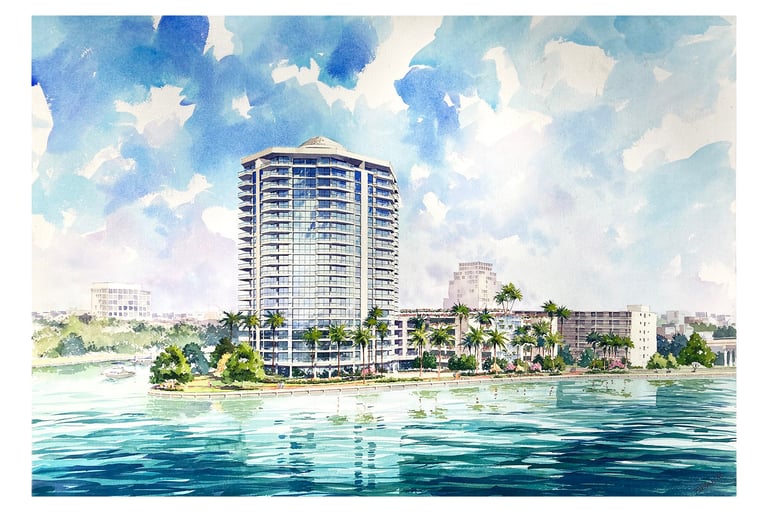 Hand painted watercolor rendering of highrise condominium on New River, Ft. Lauderdale, Florida