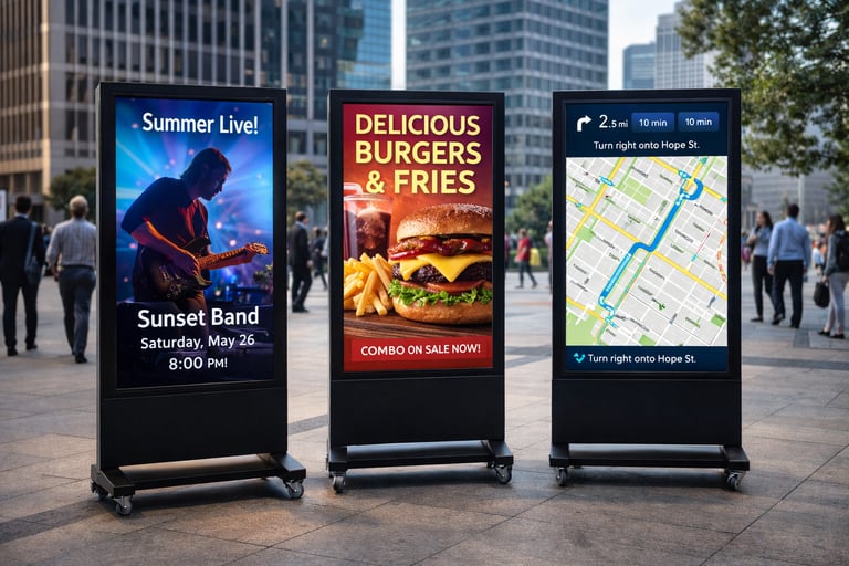 Three digital signage kiosks on a city sidewalk displaying a concert poster, burger ad, and GPS map.