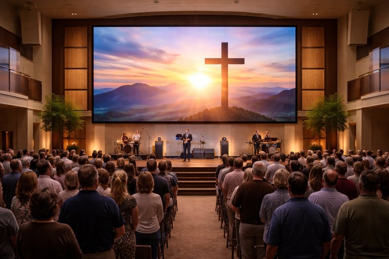 A modern church worship service with a live band and a large screen displaying a cross at sunset.