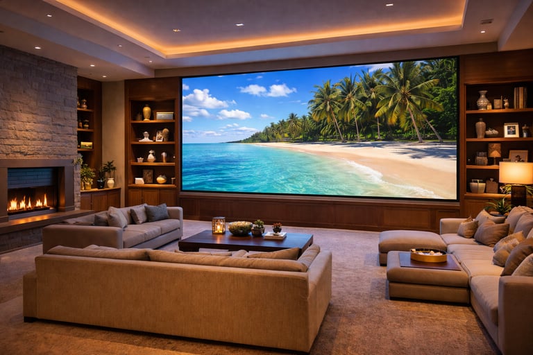 Luxury home theater room featuring a large projection screen displaying a tropical beach, plush sectional seating, and a