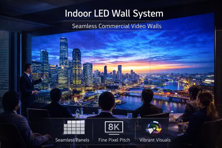 Seamless indoor LED video wall system displaying an 8K cityscape for a commercial business meeting.