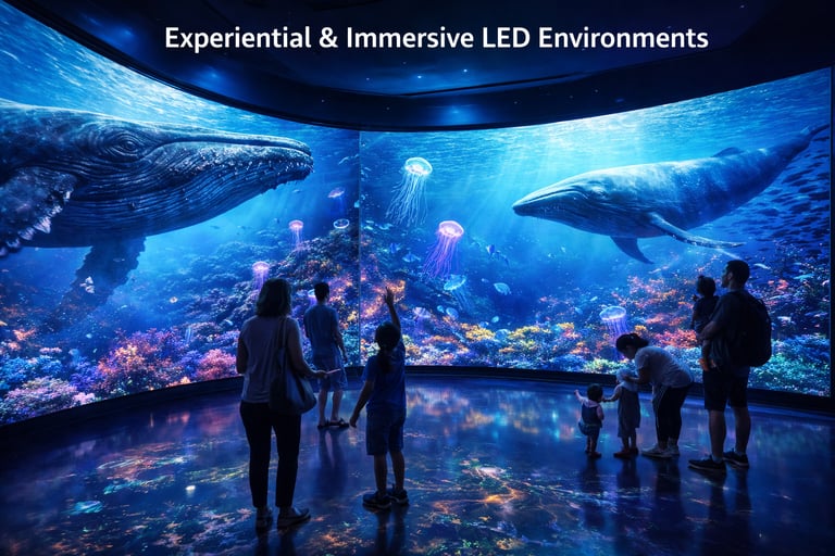 Visitors in an immersive LED environment viewing a large-scale whale and coral reef digital aquarium exhibit.