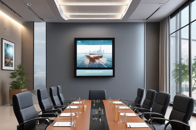 Modern office conference room with a wooden boardroom table, black leather chairs, and a wall-mounted digital display.