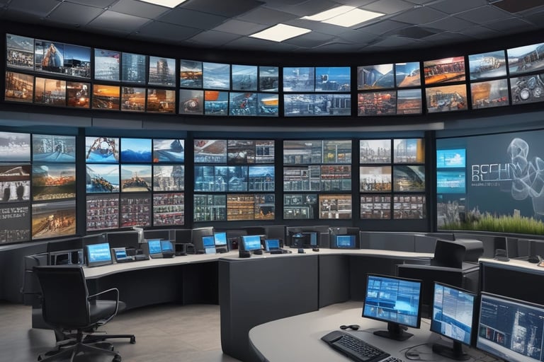 A modern security operations center with a large video wall displaying multiple surveillance feeds and data monitors.