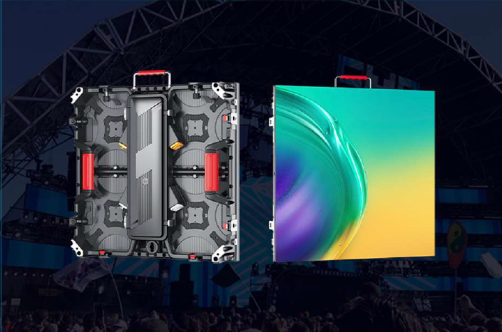 Front and back view of a high-resolution outdoor rental LED display panel for concert stage events.