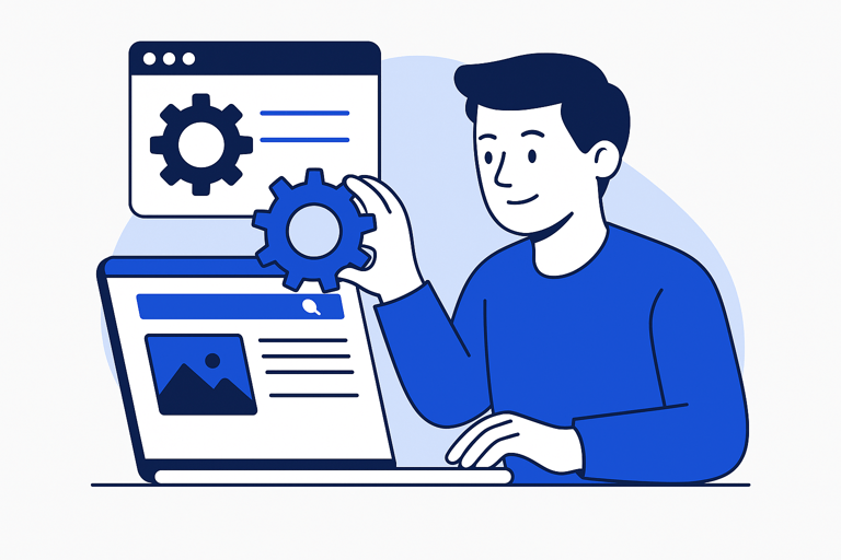 Homme avec un ordinateur qui modifie les paramètres d'un site web pour améliorer le référencement