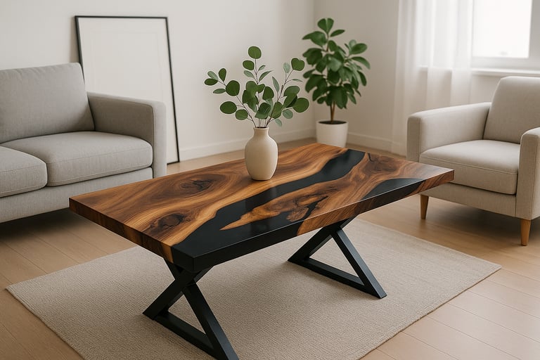 stół z litego drewna z czarną żywicą