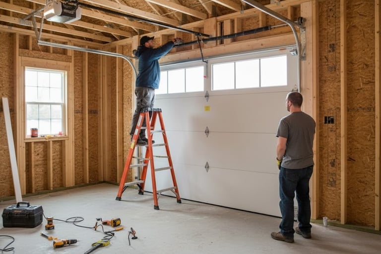Photo of 2 Corpus Garage Repair technicians repairing a garage door