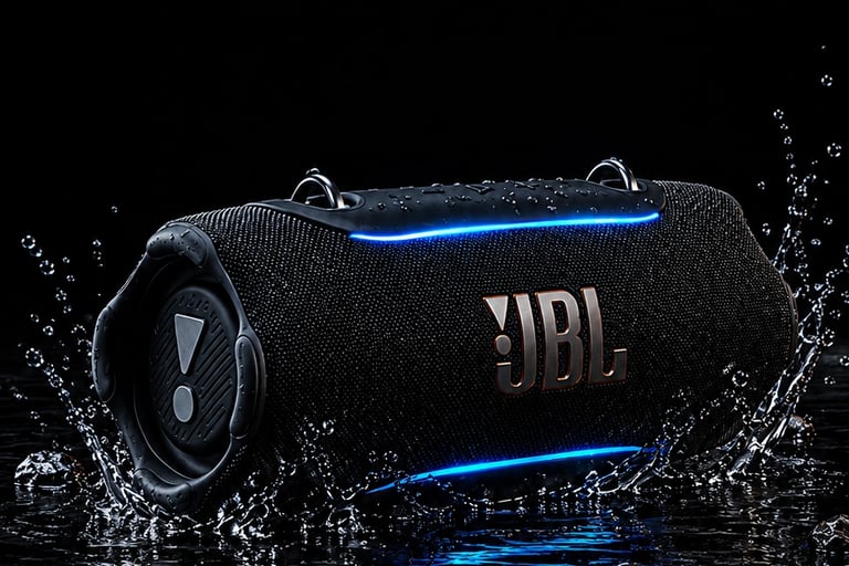 Enceinte Bluetooth JBL Xtreme 5 noire sur des rochers humides avec éclaboussures d'eau