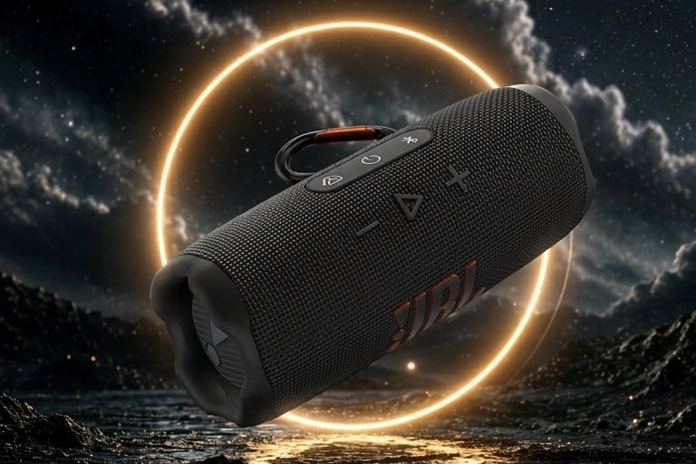 Enceinte JBL Flip 7 noire en vue 3/4, suspendue dans un décor sombre avec un halo lumineux doré