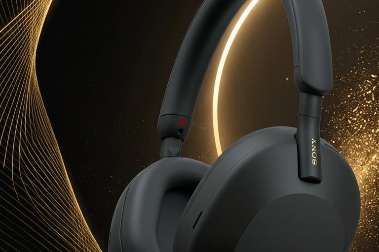 Casque sans fil premium Sony WH-1000XM5 noir de luxe sur un piédestal de luxe