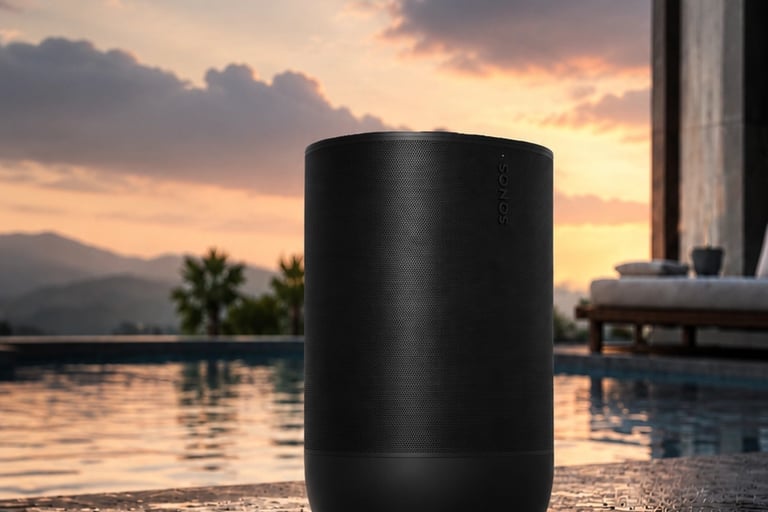 Enceinte Sonos Move 2 noire au bord d'une piscine de luxe.